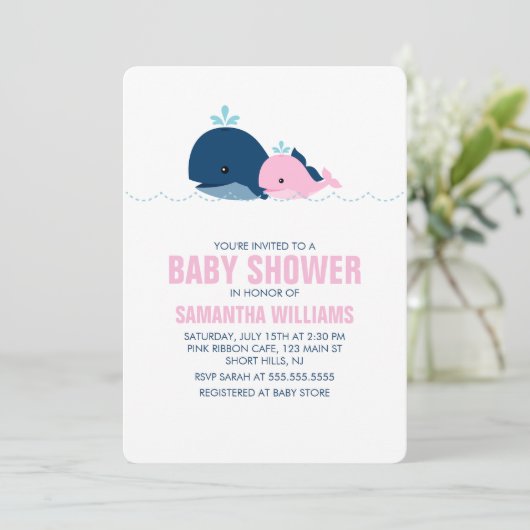 Pink Whale Girl Babydusche Einladung (Stehend Vorderseite)