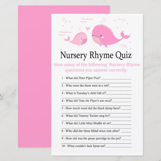 Pink Whale Kinderzimmer Rhyme Quiz Babydusche (Vorne/Hinten)