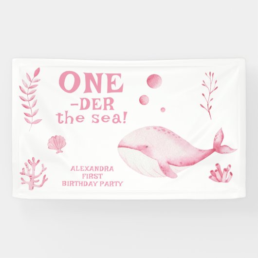 Pink Whale Oneder The Sea 1st Birthday Banner (Horizontal)