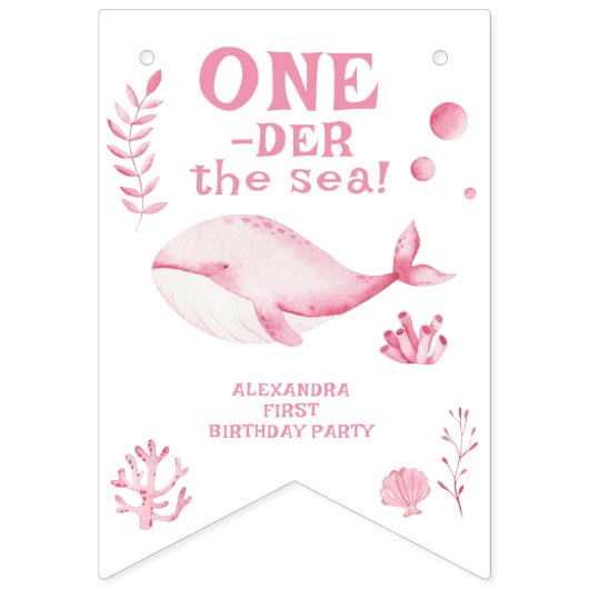 Pink Whale Oneder The Sea 1st Birthday Wimpelkette (Erste Fahne)