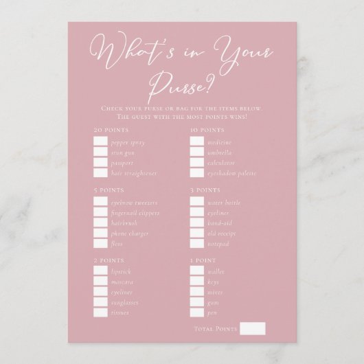 Pink What's in Your Purse Bridal Shower Game Karte (Vorderseite)