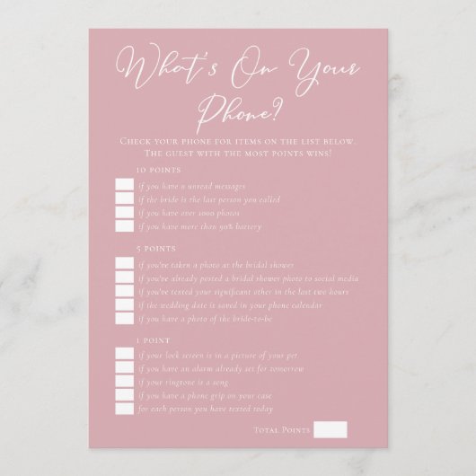 Pink What's On Your Phone Bridal Shower Download Karte (Vorderseite)