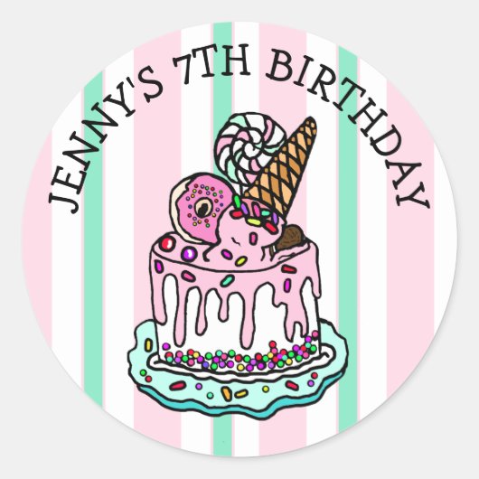 Pink Whimsical Birthday Cake Classic Round Sticker (Vorderseite)