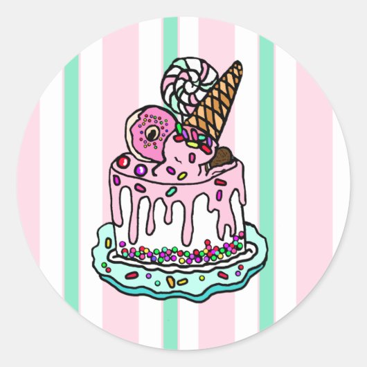 Pink Whimsical Birthday Cake Runder Aufkleber (Vorderseite)