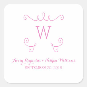 Pink Whimsical Blüh Monogram Wedding Quadratischer Aufkleber