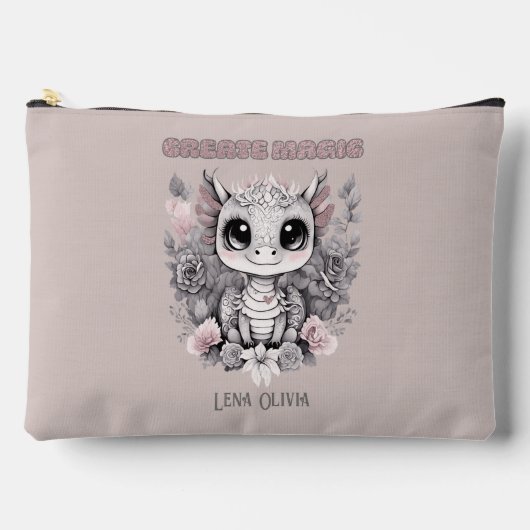 Pink Whimsical "Create Magic" Kleiner Drache Zubehörtasche (Vorderseite)