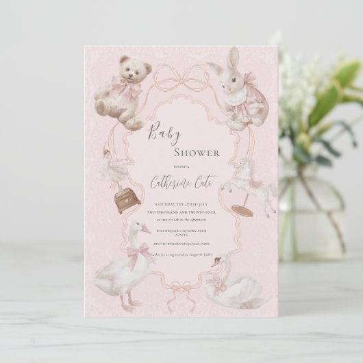 Pink Whimsical Elegant Bear Baby Shower Einladung (Stehend Vorderseite)