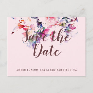Pink Whimsical Floral Watercolor Save the Date Ankündigungspostkarte