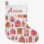 Pink Whimsical Gingerbread Houses Name Stocking Großer Weihnachtsstrumpf (Vorderseite)