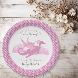 Pink Whimsical Girl Dragon Baby Dusche Pappteller