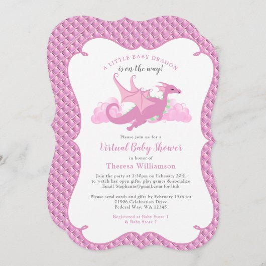 Pink Whimsical Girl Dragon Virtual Baby Dusche Einladung (Vorne/Hinten)