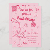 Pink Whimsical Hand Drawing Junggeselinnen-Abschie Einladung (Vorne/Hinten)