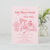 Pink Whimsical Hand Drawn Girl Babydusche Brunch Einladung (Stehend Vorderseite)