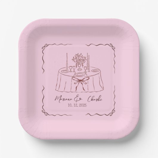 Pink Whimsical Hand Drawn Illustrated Wedding  Pappteller (Vorderseite)