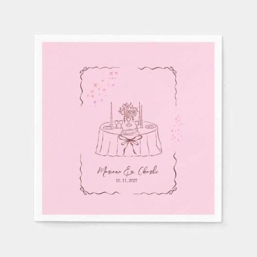 Pink Whimsical Hand Drawn Illustrated Wedding Serviette (Vorderseite)