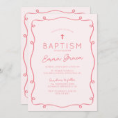 Pink Whimsical Hand Drawn Taufen Einladung (Vorne/Hinten)