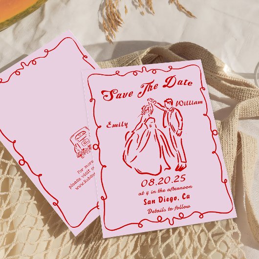 Pink Whimsical Hand Drawn Wedding Save the Date Einladung