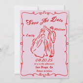 Pink Whimsical Hand Drawn Wedding Save the Date Einladung (Vorderseite)