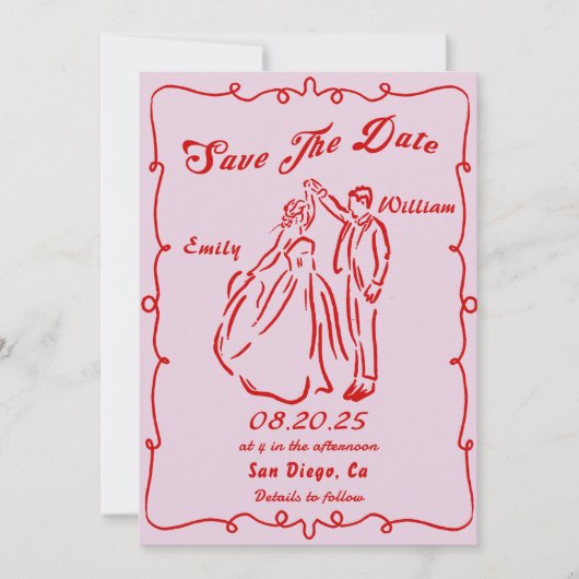 Pink Whimsical Hand Drawn Wedding Save the Date Einladung (Vorderseite)