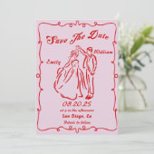 Pink Whimsical Hand Drawn Wedding Save the Date Einladung (Stehend Vorderseite)