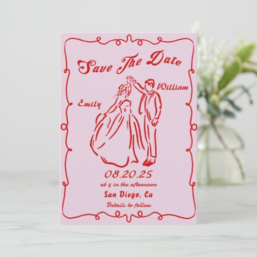 Pink Whimsical Hand Drawn Wedding Save the Date Einladung (Stehend Vorderseite)