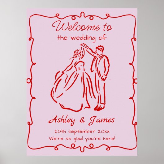 Pink Whimsical Hand Drawn Wedding Willkommenszeich Poster (Vorne)