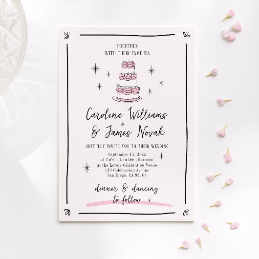 Pink Whimsical Handgezeichneter Kuchen und handges Einladung