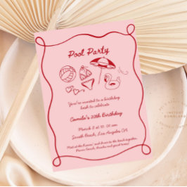 Pink Whimsical Pool Party Sommermonate Einladung