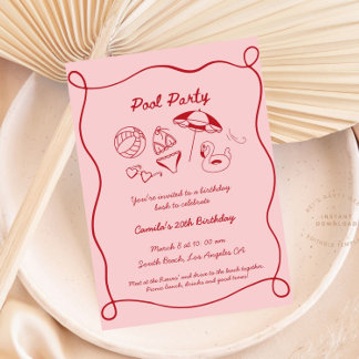 Pink Whimsical Pool Party Sommermonate Einladung