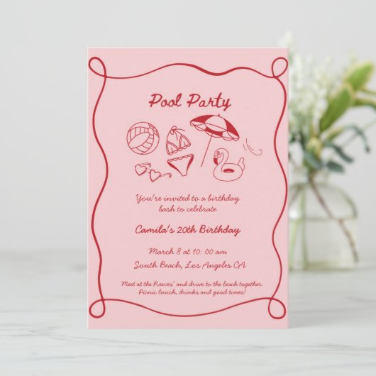 Pink Whimsical Pool Party Sommermonate Einladung (Stehend Vorderseite)