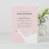 Pink Whimsical Princess Swan Stripe Babydusche Einladung (Stehend Vorderseite)