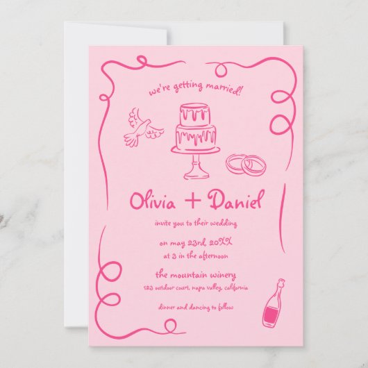 Pink Whimsical QR Code Handgezeichnetes Foto Hochz Einladung (Vorderseite)