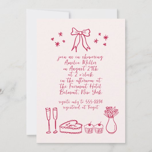 Pink Whimsical Retro Bow Doodle Brautparty Einladung (Vorderseite)