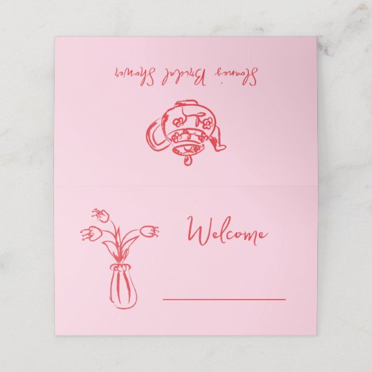 Pink Whimsical Scribble Doodle Brautparty Platzkarte (Außenseite Aufgefaltet)