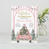 Pink Whimsical Stripes Cold Outside Baby Shower Einladung (Stehend Vorderseite)