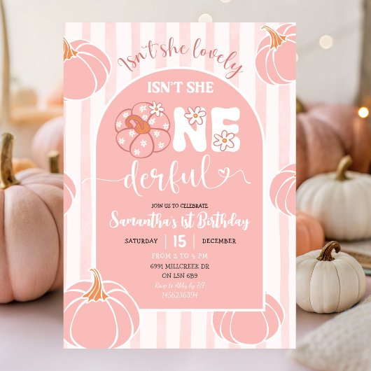 Pink Whimsical Stripes Pumpkin Onederfull Geburtst Einladung