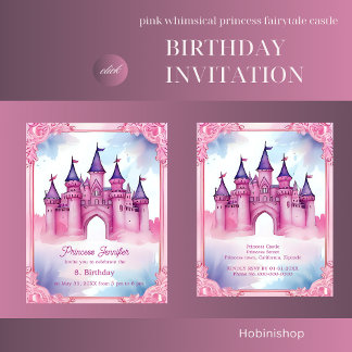 Pink whimsicess märchenhafte Burg Geburtstag Einladung
