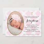 Pink White and Gold Cross Baby Girl Baptisse Einladung (Vorderseite)