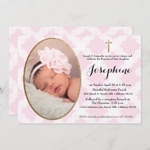 Pink White and Gold Cross Baby Girl Taufe Einladung