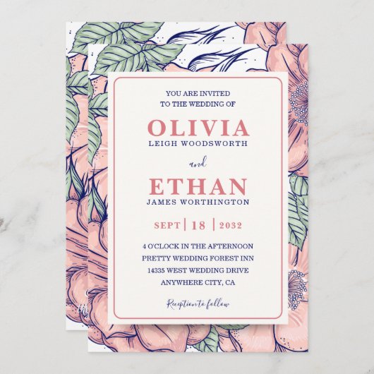 Pink white and Green Floral Rustic Wedding Einladung (Vorne/Hinten)