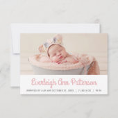 Pink White Baby Girl Custom Foto Retro Birth Ankündigung (Vorderseite)