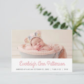 Pink White Baby Girl Custom Foto Retro Birth Ankündigung (Stehend Vorderseite)