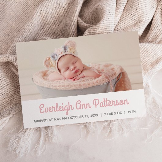 Pink White Baby Girl Custom Foto Retro Birth Ankündigung