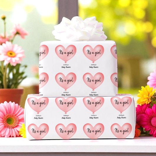 Pink White Baby Shower Ballon Herz Geschenkpapier