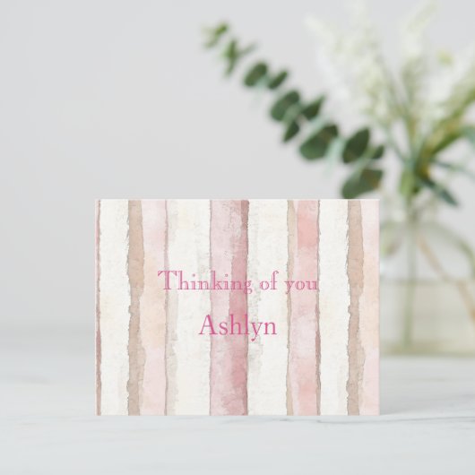 Pink White Beige Stripes Thinking of you Postkarte (Stehend Vorderseite)
