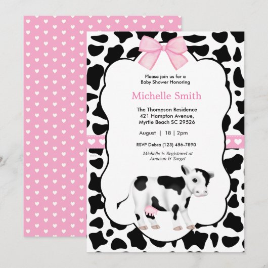 Pink White Black Cow Print Baby Dusche Einladung (Vorne/Hinten)