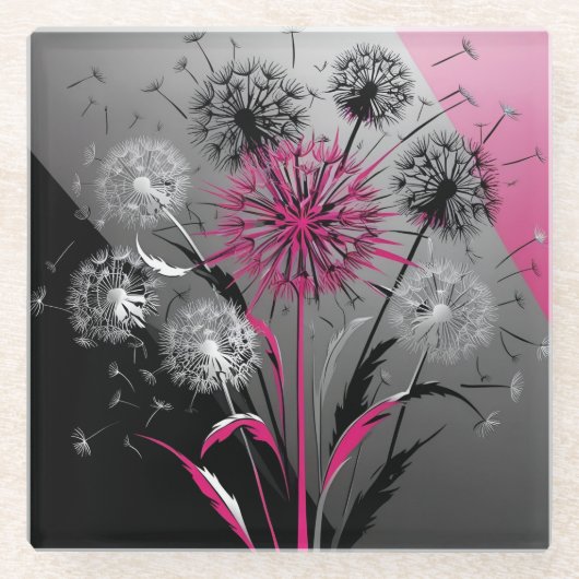 Pink, White Black Dandelions Glasuntersetzer (Vorderseite)