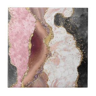 Pink White Black Mauve Gold Glitzer Agate Marble Fliese