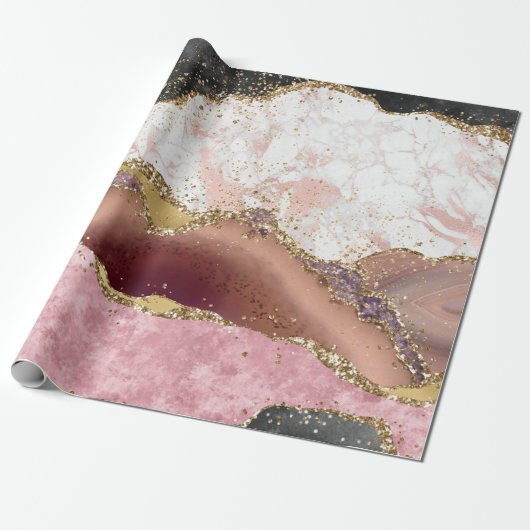Pink White Black Mauve Gold Glitzer Agate Marble Geschenkpapier (Ungerollt)
