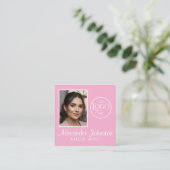 Pink White & Black Script Makeup Photo Personalize Quadratische Visitenkarte (Stehend Vorderseite)